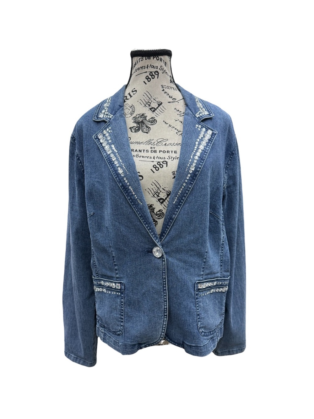 Rhinestone Embellished Denim Blazer Jacket Medium Wash